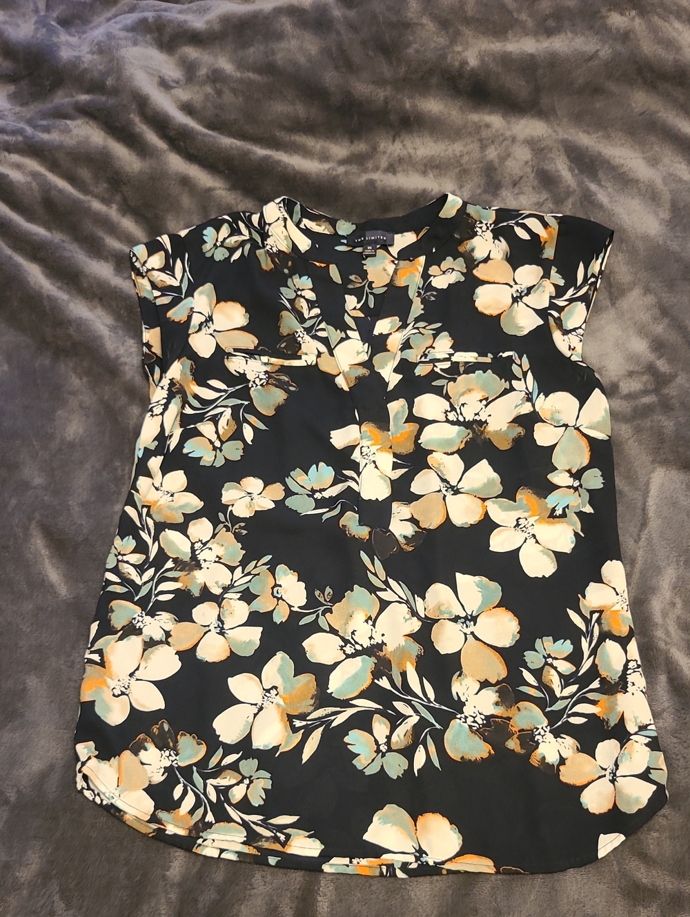 The Limited Black Floral Cap-Sleeve Blouse with Cream & Mint Accents